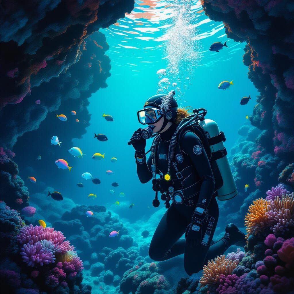 Scuba Diver Enters Bioluminescent Underwater Cave