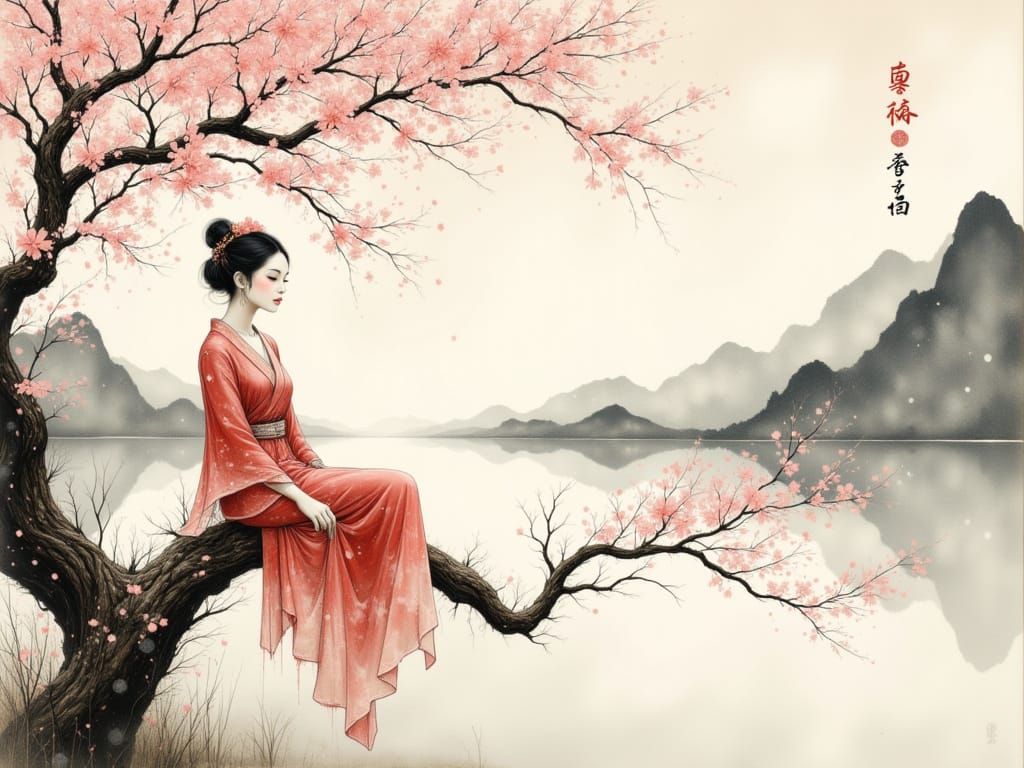 Serene Young Woman in Traditional East Asian Ink Wash Style