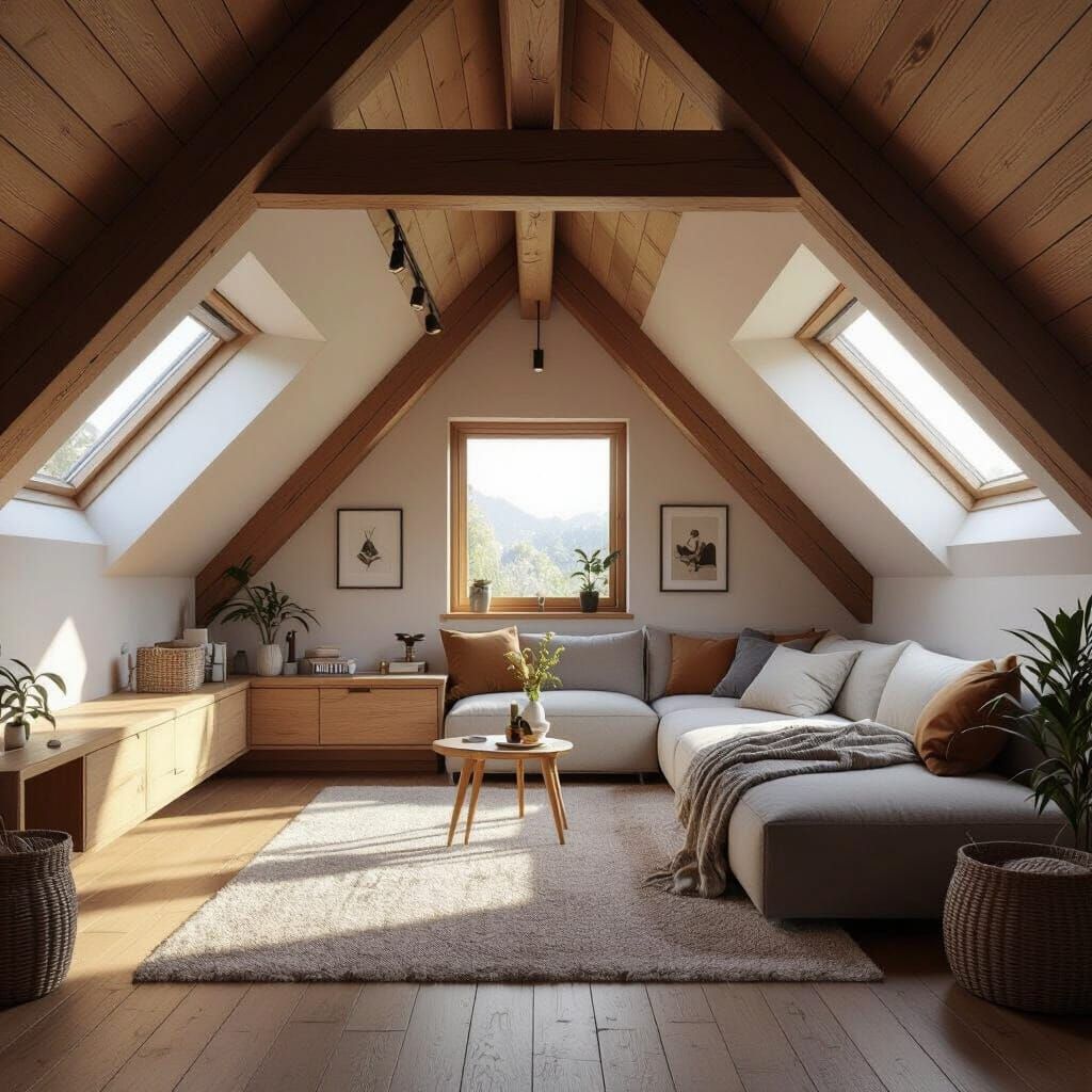 Cozy Attic Room with Wooden Beams and Natural Tones