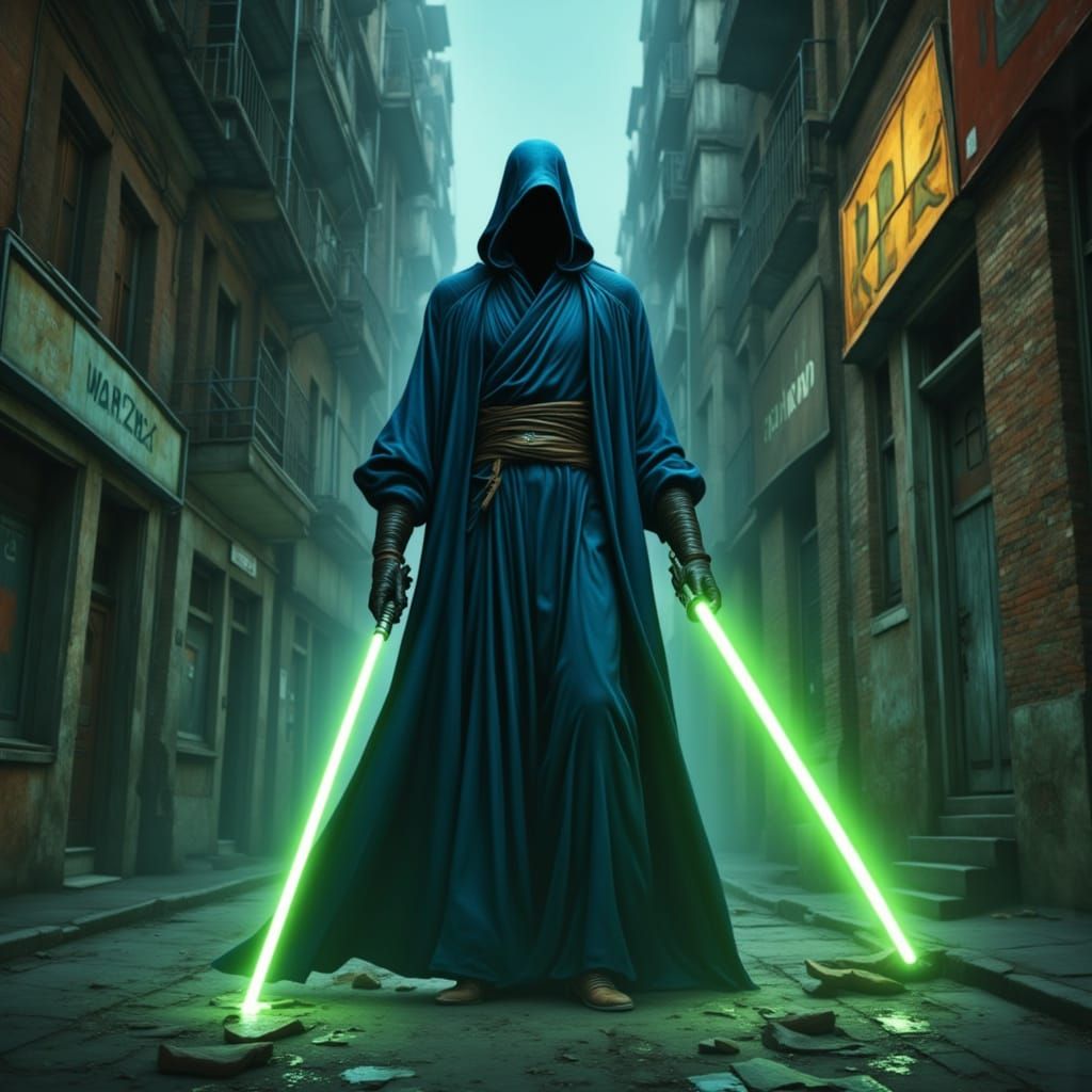 Blue Robed Jedi with Lightsaber in Cyberpunk Alley