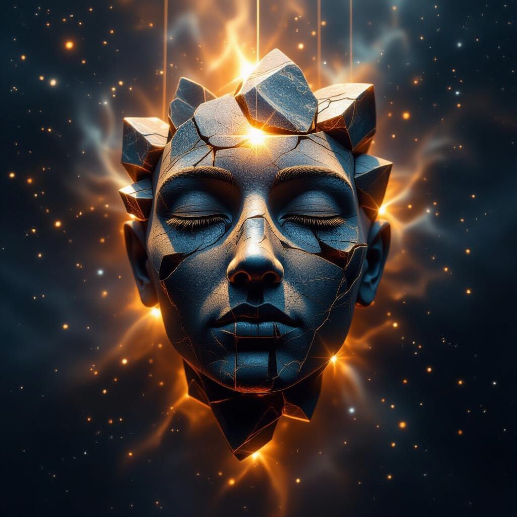 Tigereye Stone Face in Starry Galaxy: Digital Art