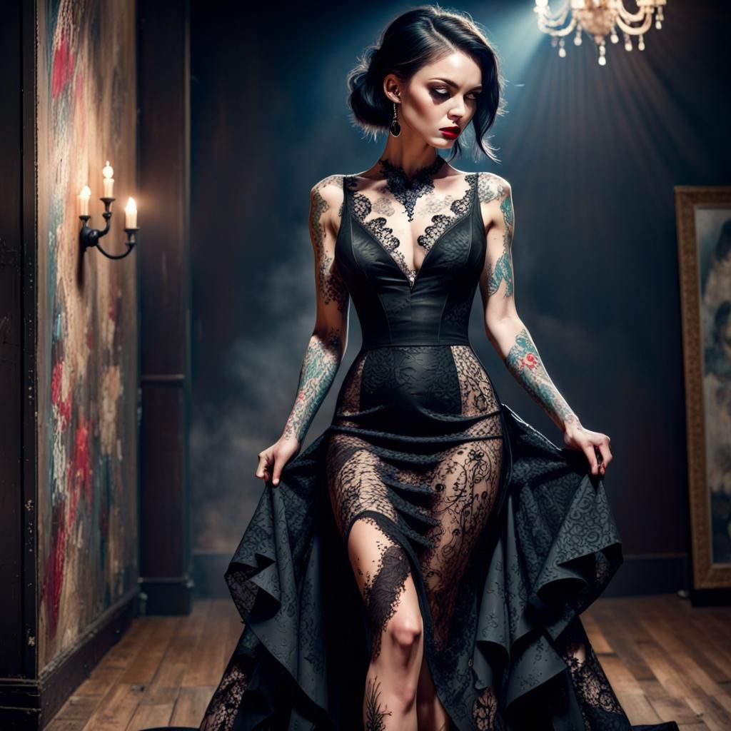 Elegant Tattooed Lady in Goth Color Ink Splash