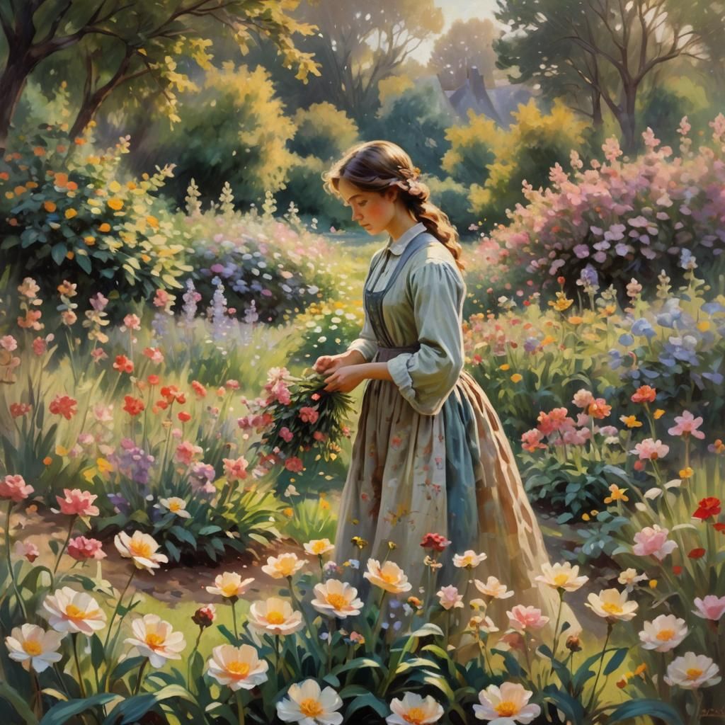 Impressionist Woman in Flower Garden
