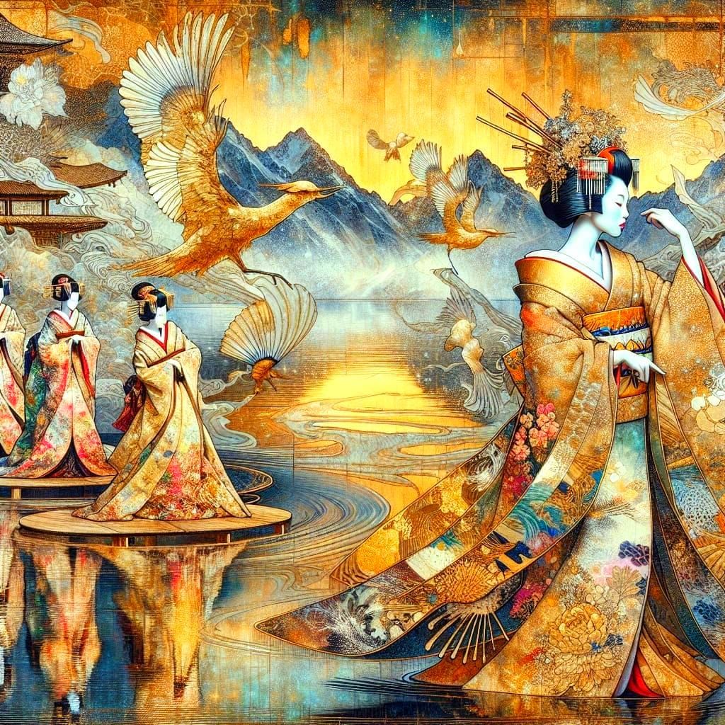 Surreal Geisha Dance in Gold Ink and Abstract Expressionism