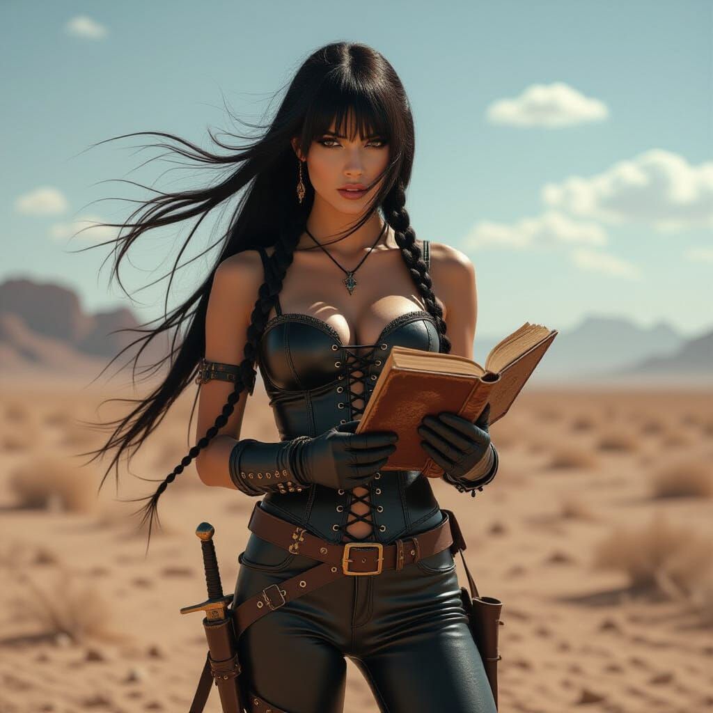Wasteland Woman with Book in Cinematic Realism Style