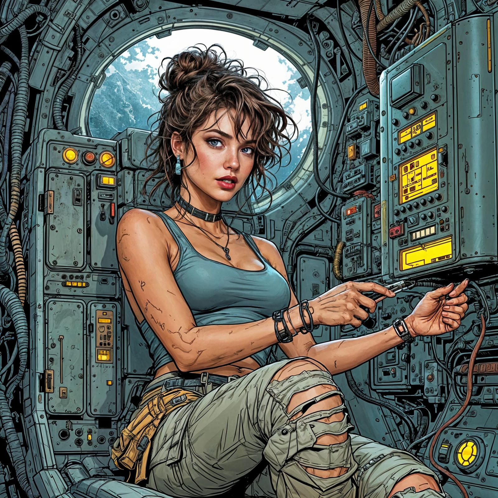 Sci-Fi Comic Illustration of a Curvy Woman in a Clunky Space...