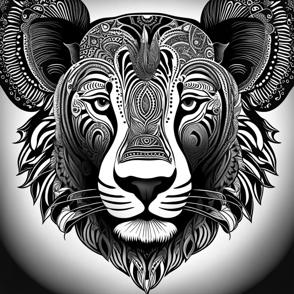 Animal Faces Mandala in Black and White