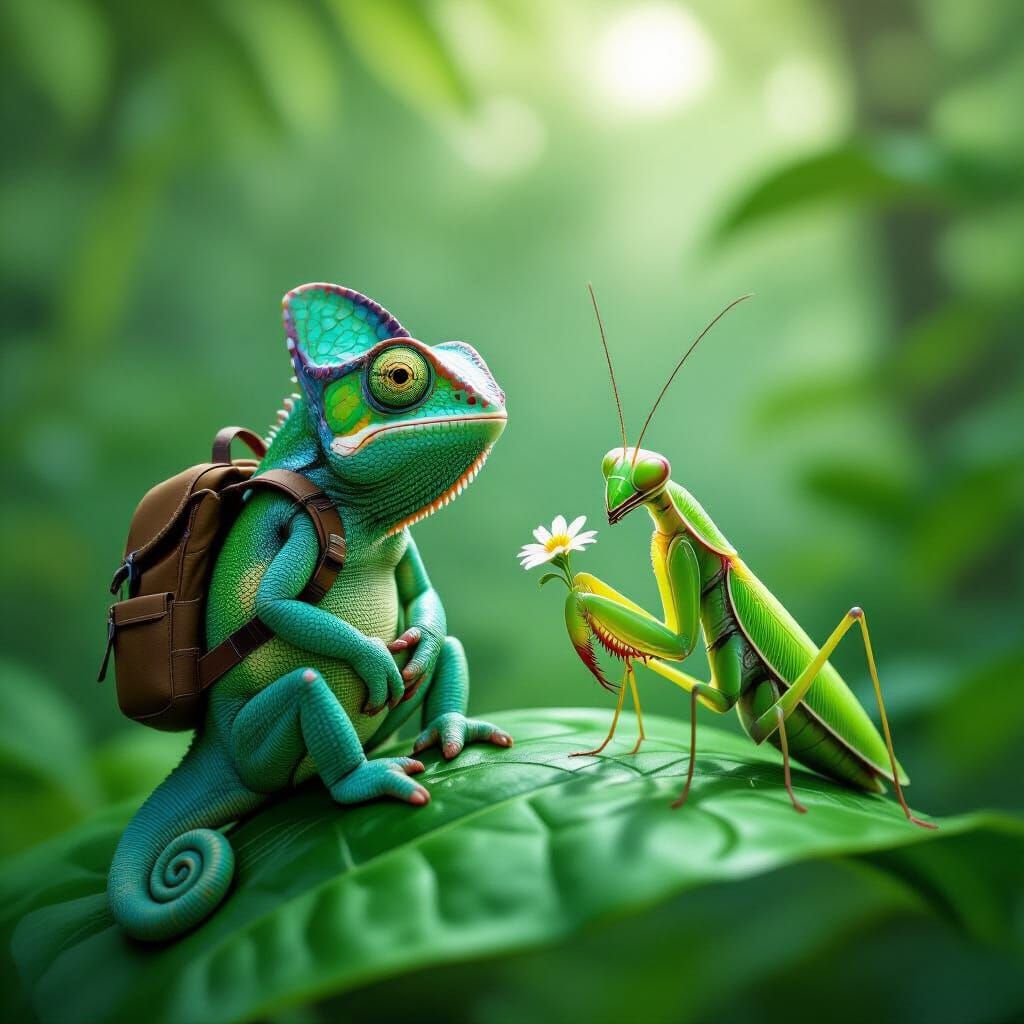 Chameleon & Praying Mantis Friends in Forest