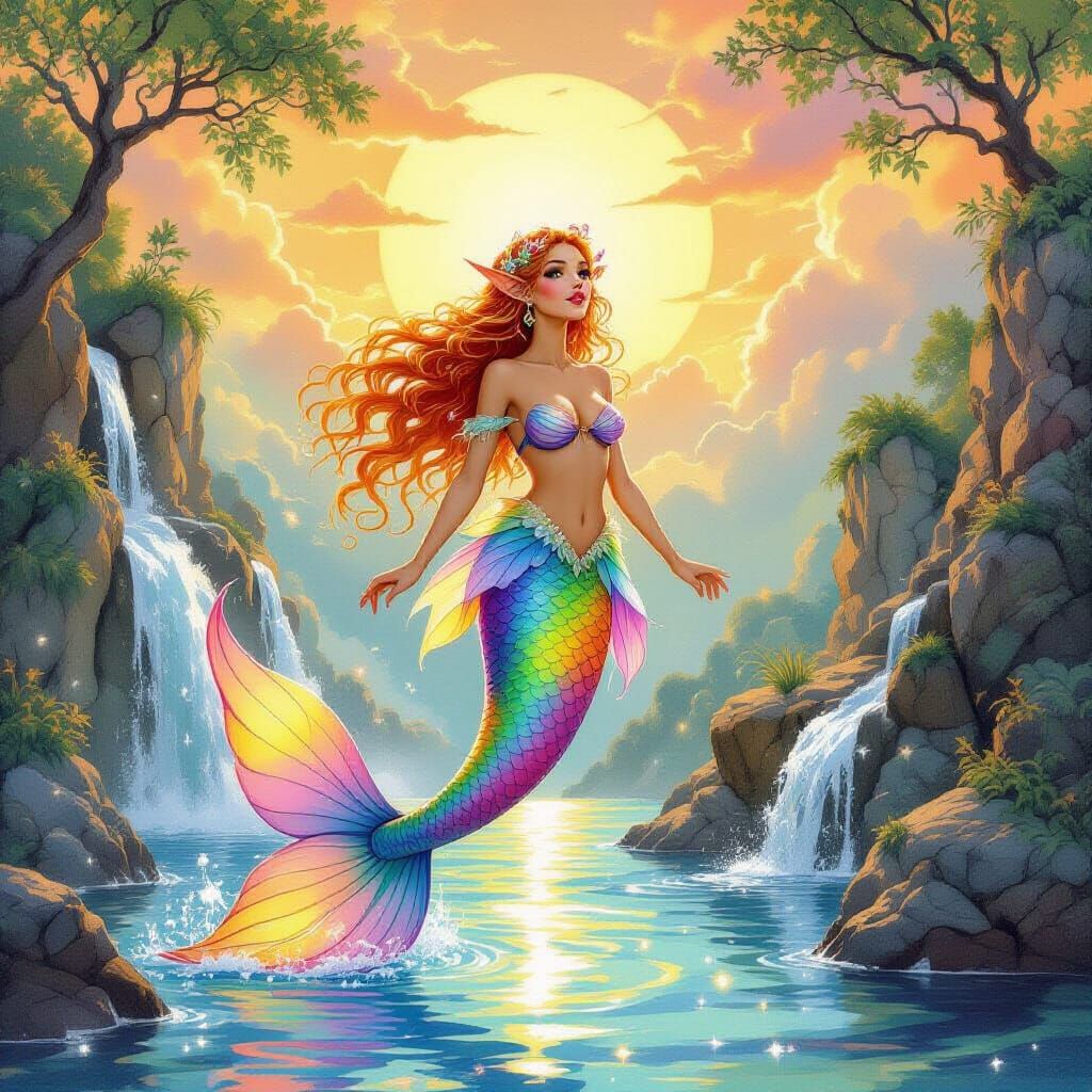 Pastel Rainbow Mermaid Under Waterfall