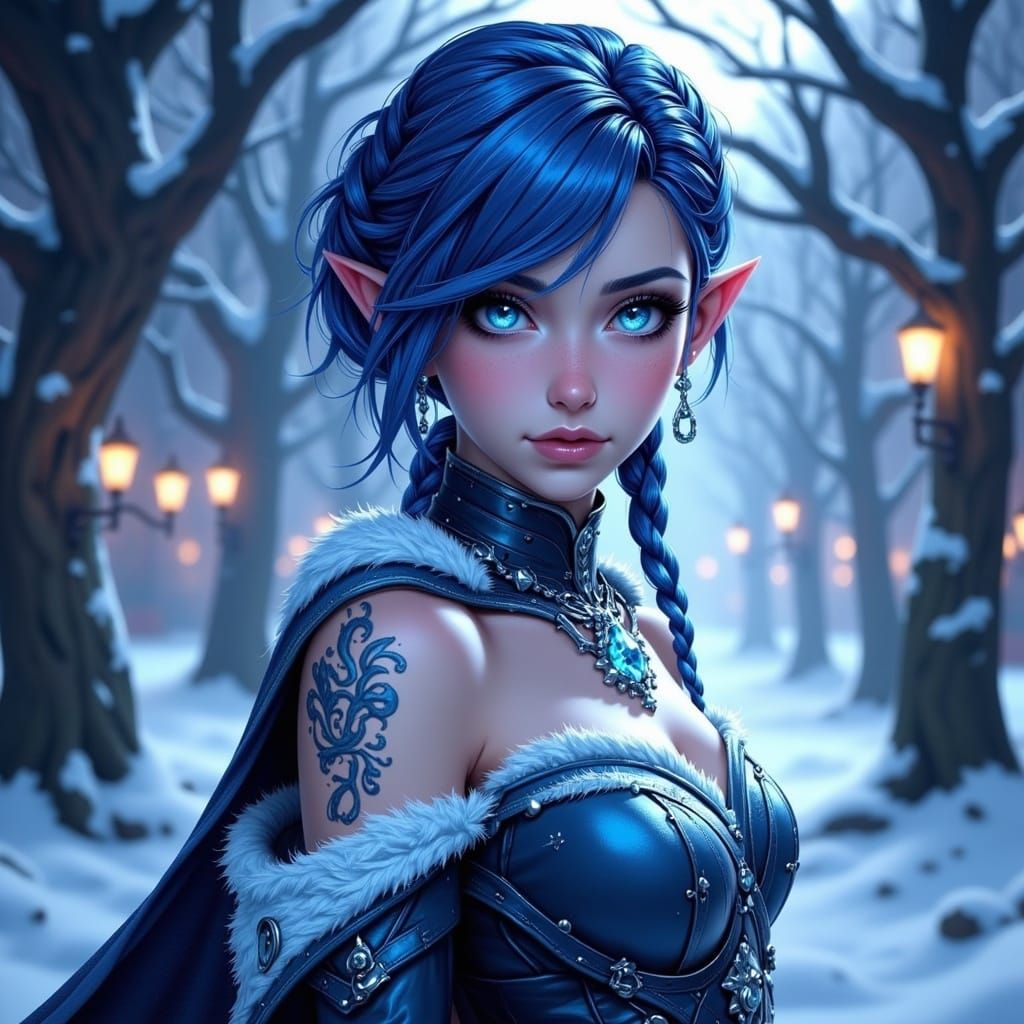 <lora:Anime Girls:1.0> Ice Elf Warrior Princess with short dark blue hair
