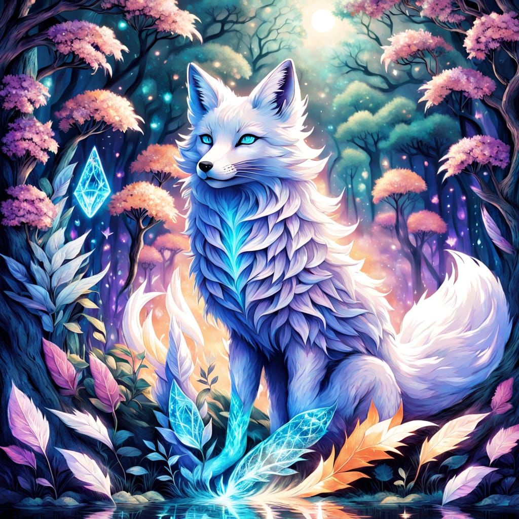 Crystal Fox Spirit in Mystical Forest