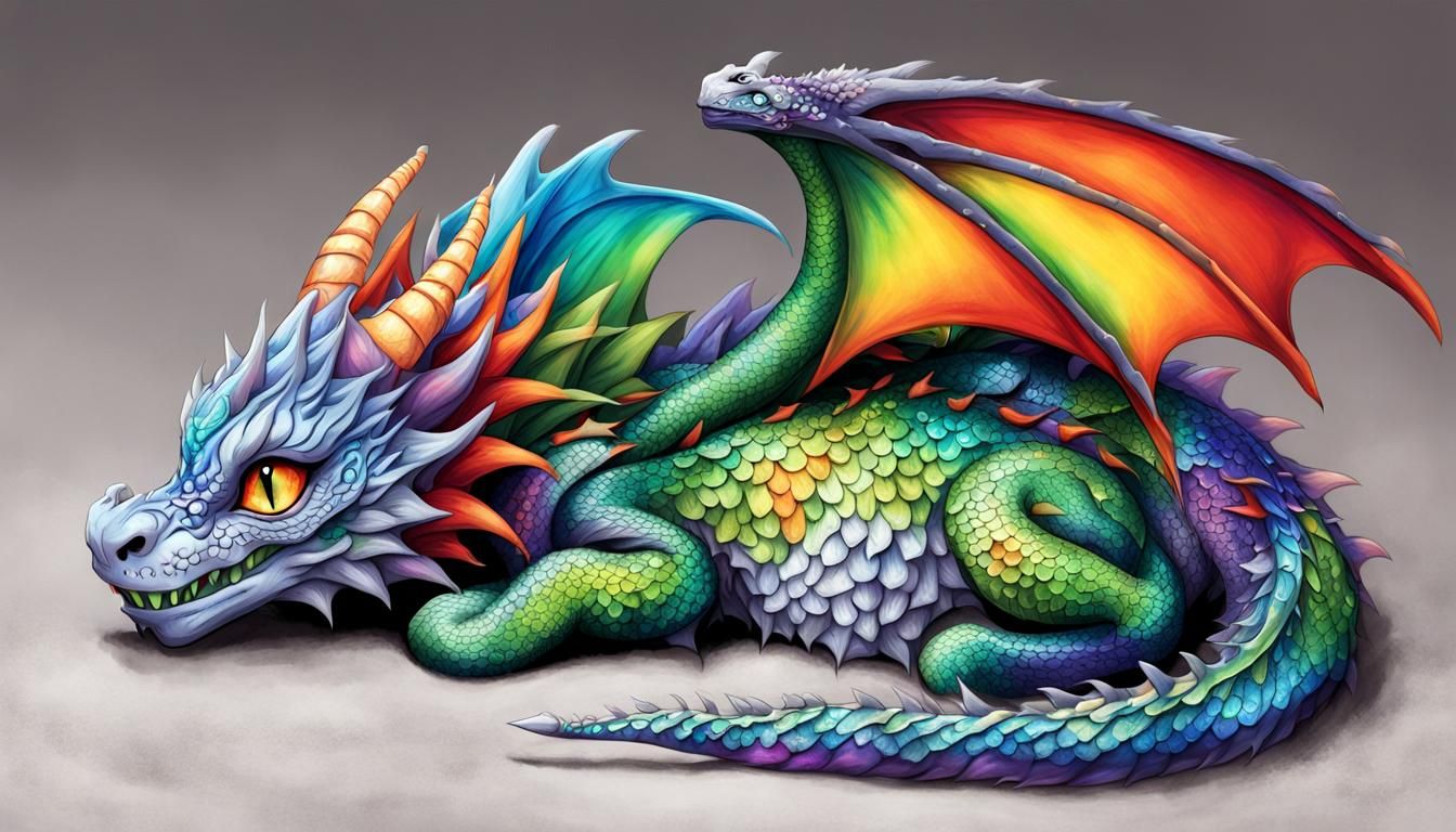 Rainbow Dragon Protecting Kitten in Ancient Library