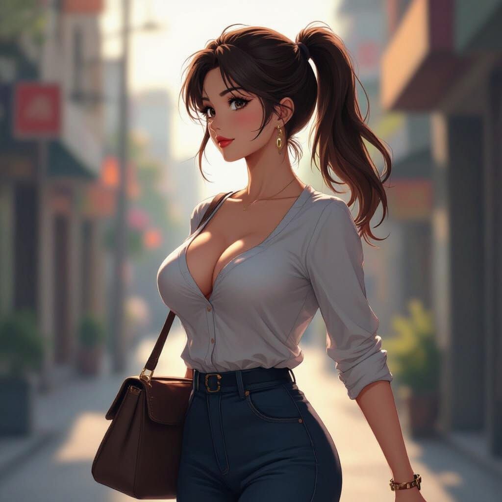 Anime Woman With Ponytail Walking To Work
