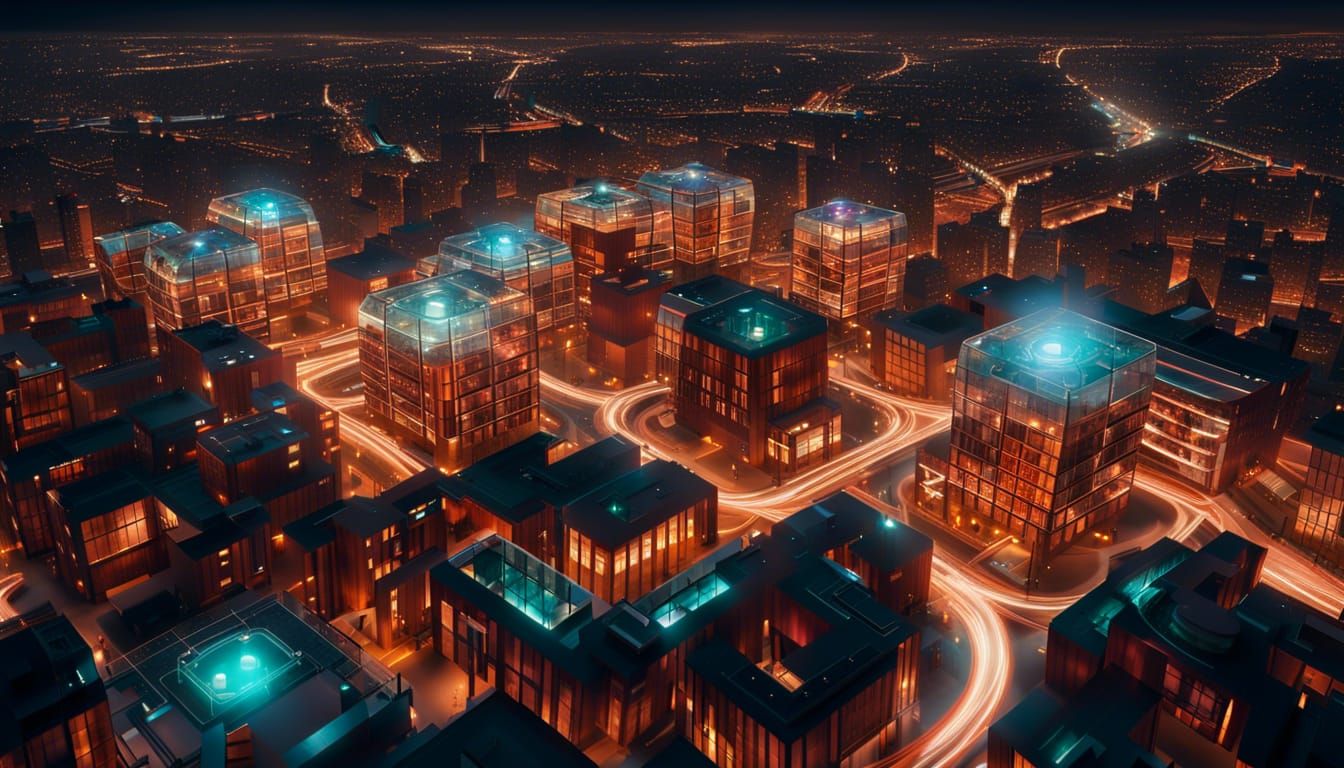 Futuristic Cityscape at Night in Bauhaus Style