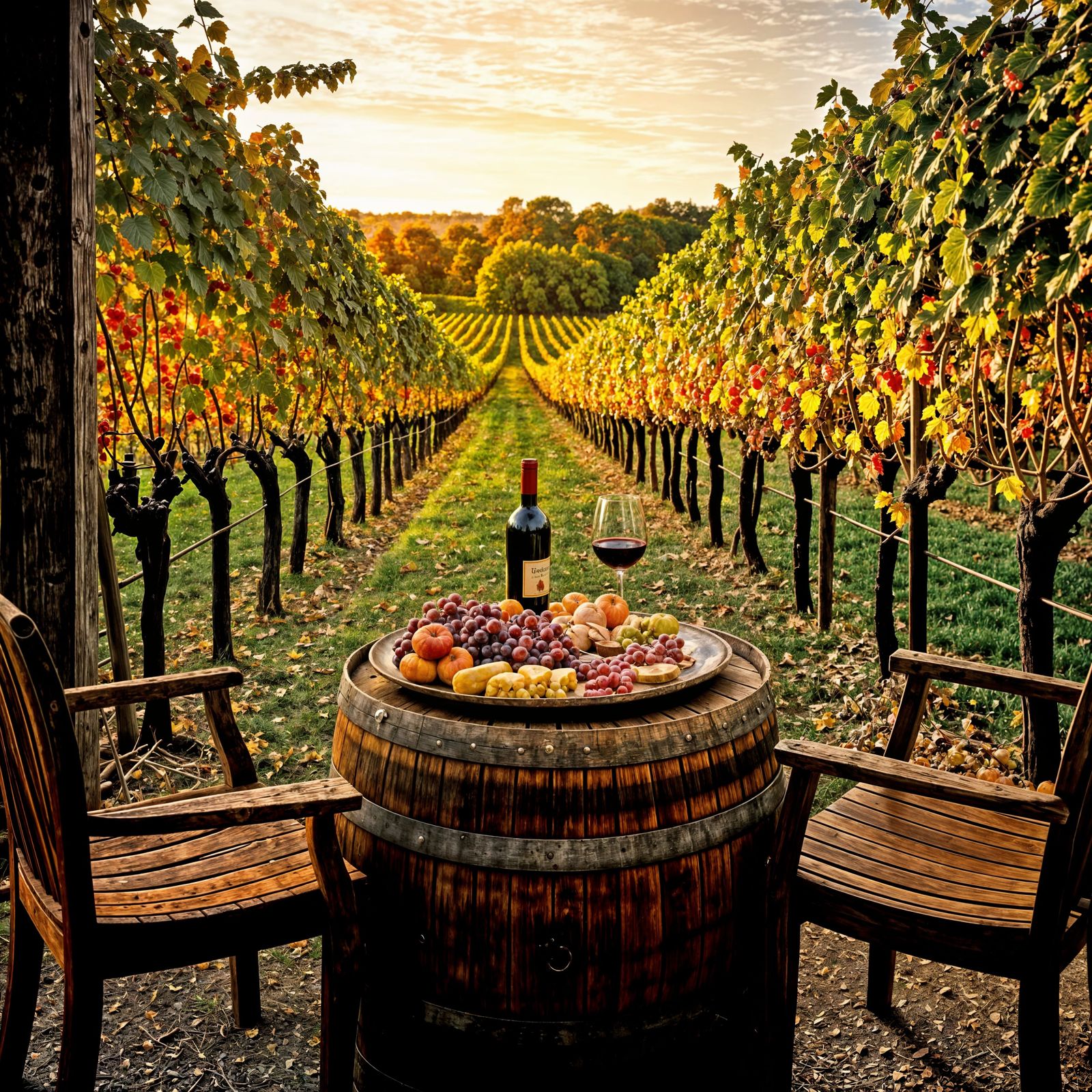 Rustic Vineyard Scene with Wine and Grape Vines at Golden Ho...