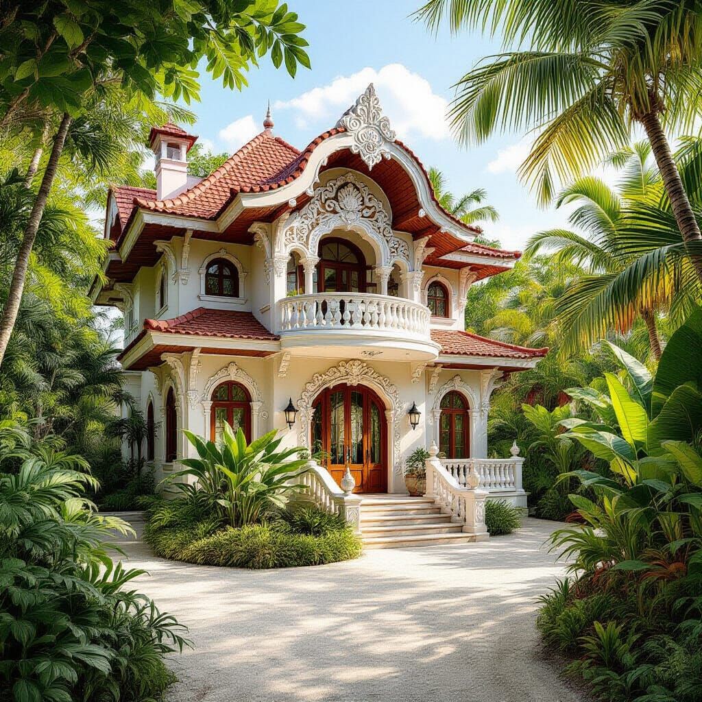 Ornate Beach Villa with Seashell Carvings Amidst Lush Flora