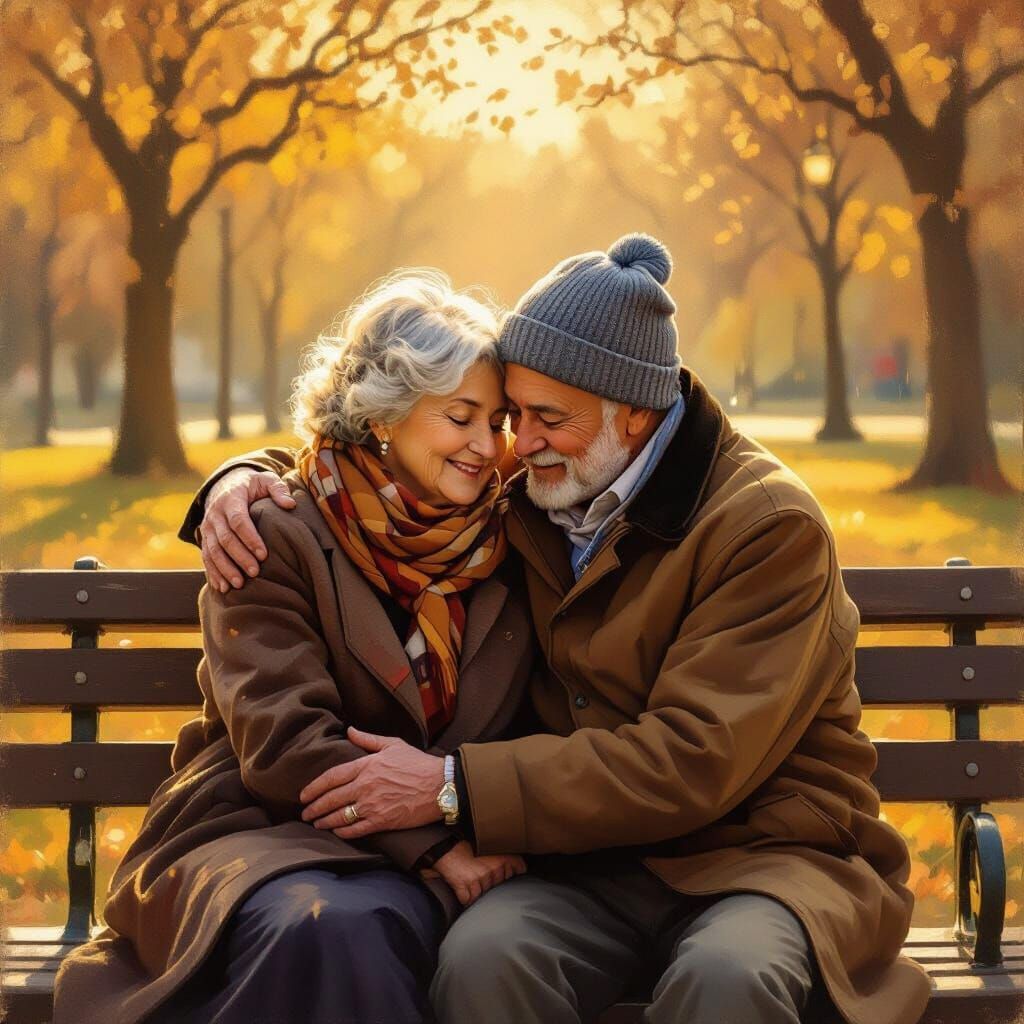 Elderly Couple Embracing in Golden Hour Oil Painting