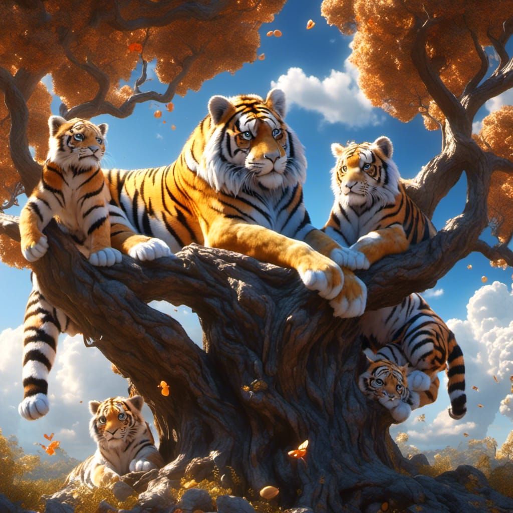 Giant Tiger Family Sleeping in Cherry Tree