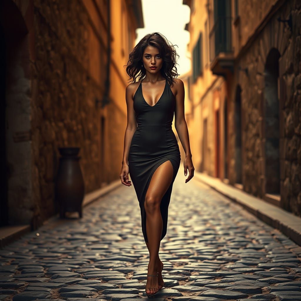 Woman in Elegant, Cinematic Pose on Ancient Cobblestone Road