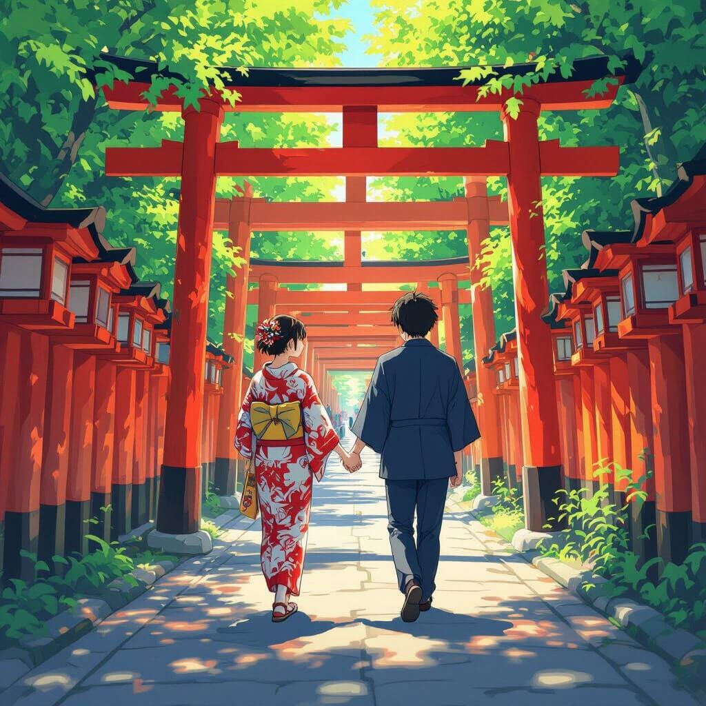 Couple in Torii Tunnel: Anime Style