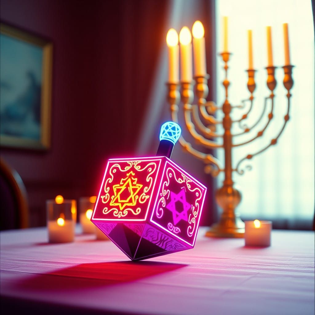 Neon Dreidel Dances Amidst Warm Menorah Glow