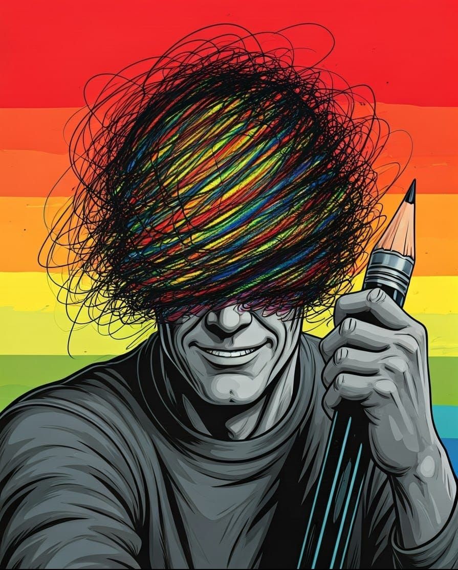 Vibrant Pop Art Portrait with Rainbow Scribbles and Censorsh...