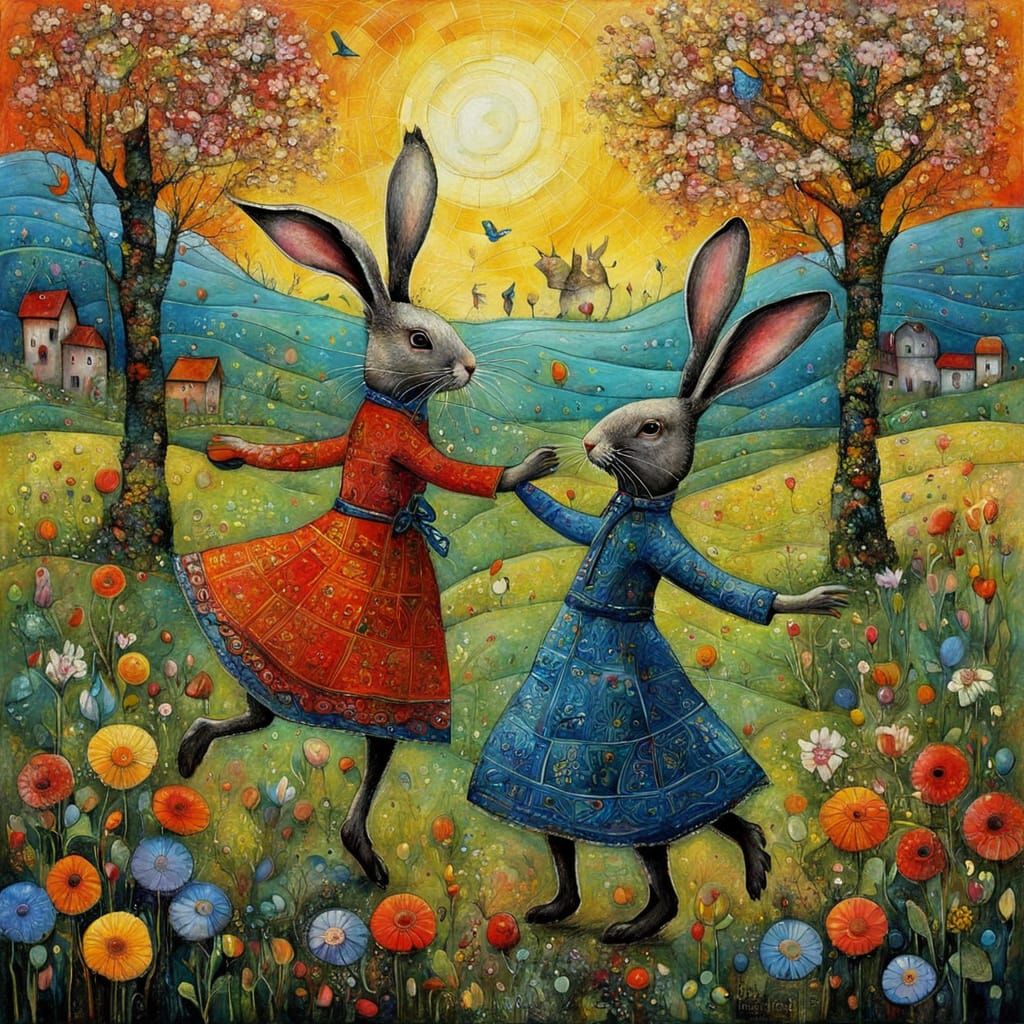 Rabbits and Flowers in Seasonal Dance, Naive Encaustic Art