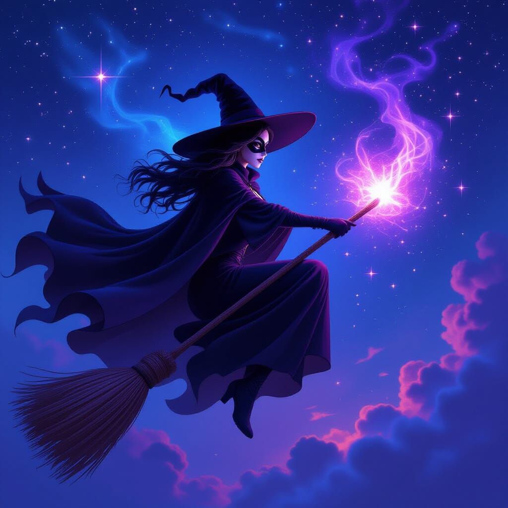 Witch Conjuring Magic on Broom Through Cosmic Night Sky