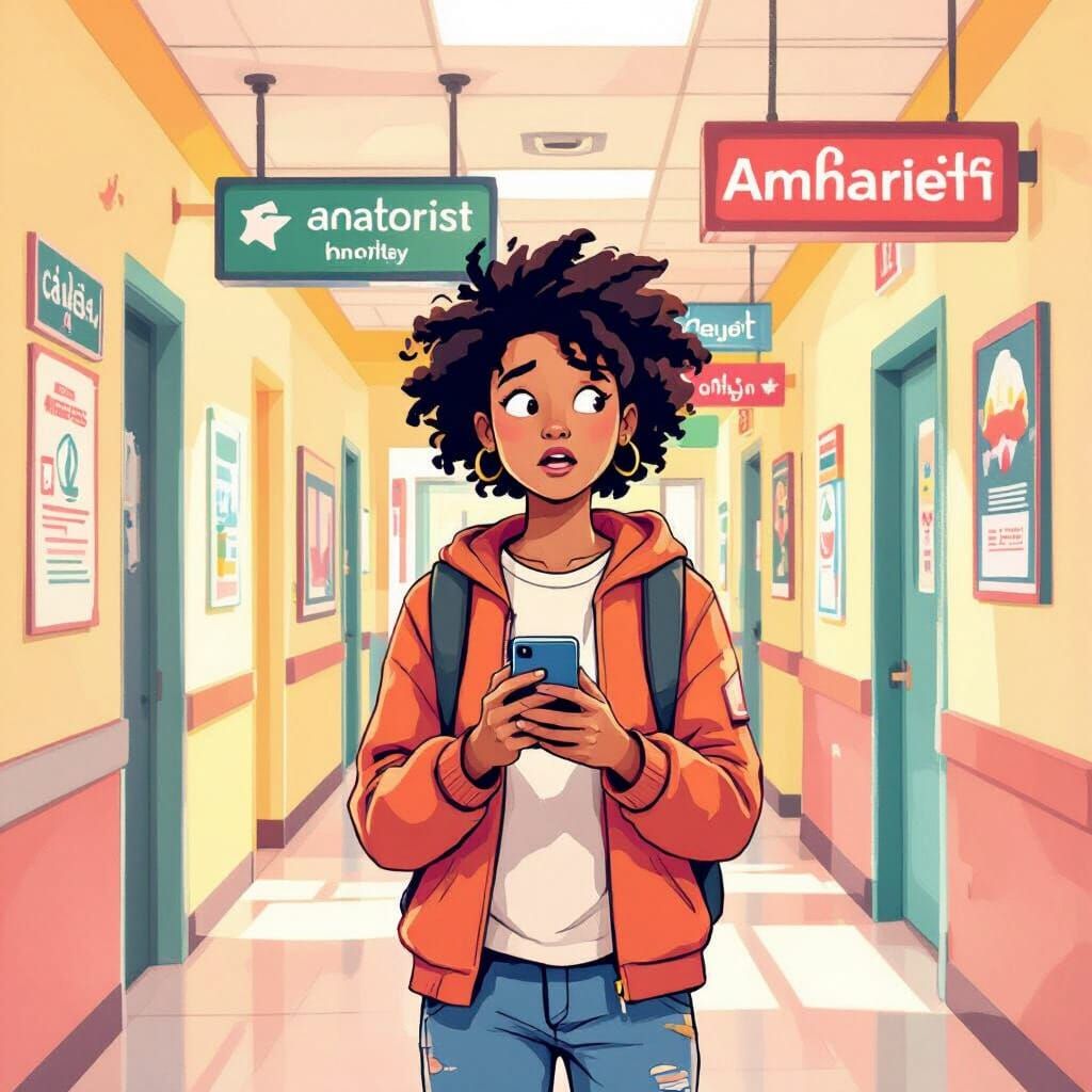 Confused Student in University Hallway, Playful Illustration