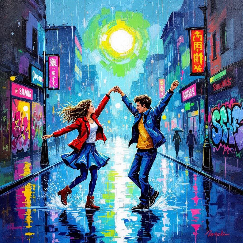 Friends Dancing in Polychromatic Rain
