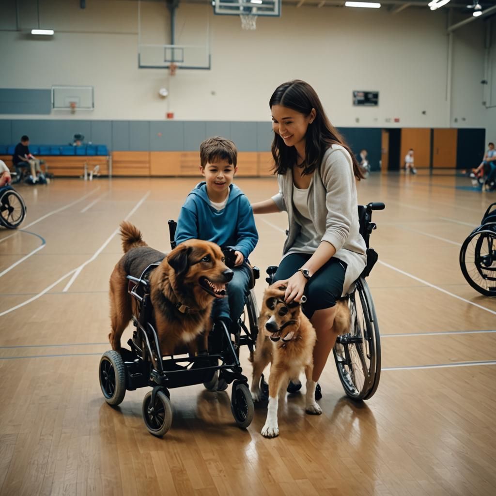 Dog Plays with Child in Wheelchair: Cinematic Still