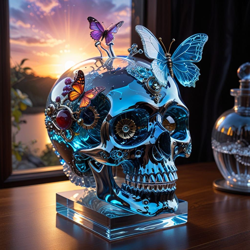 Crystal Glass Steampunk Skull with Clockwork Waterfalls