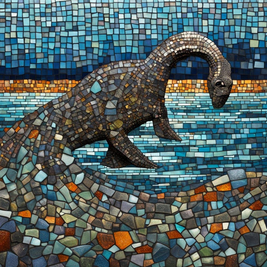 Surreal Loch Ness Monster Emerging from Mosaic Depths