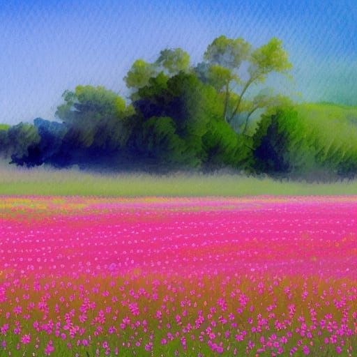Pink Dress in Flower Field: Gouache Impressionist Style