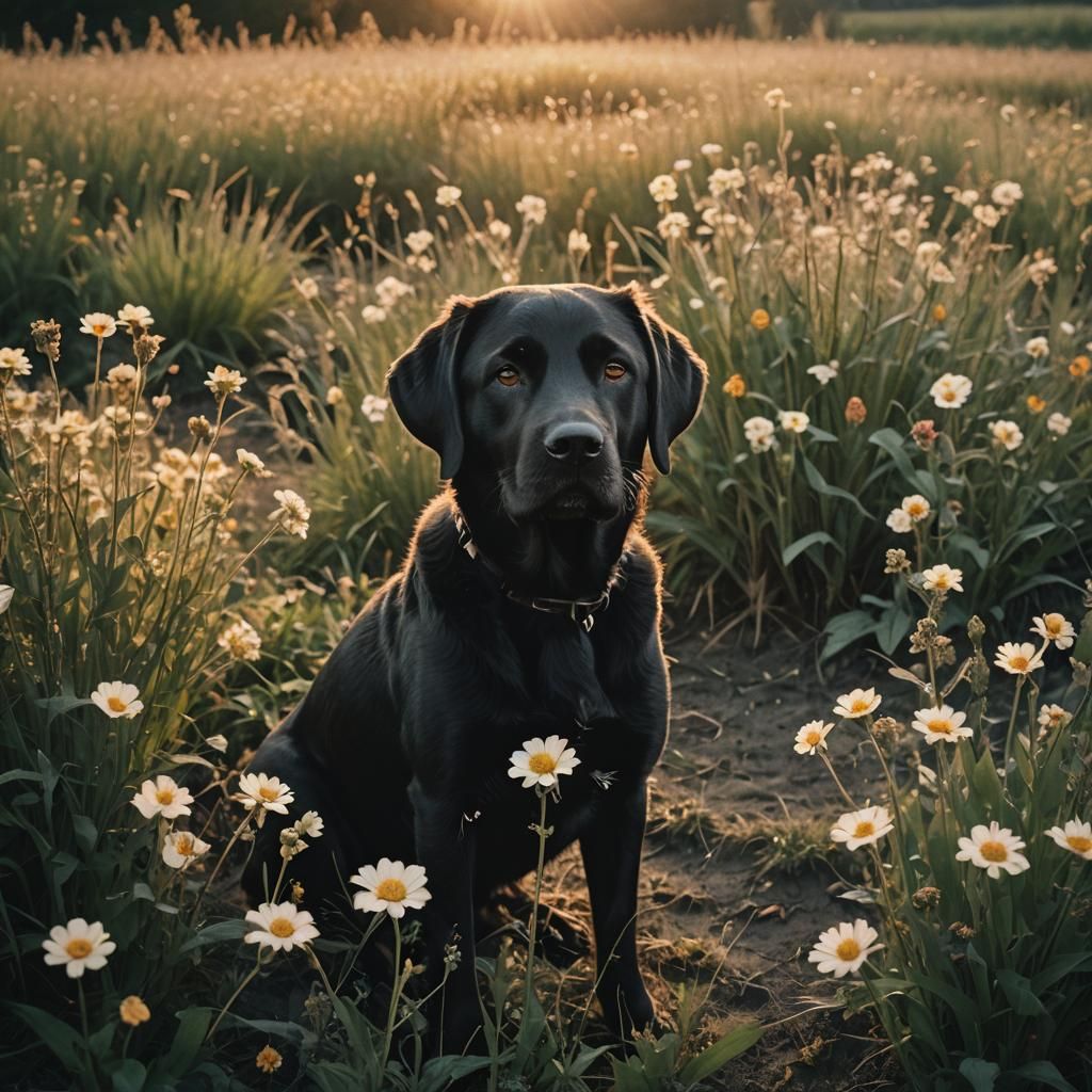 Black Labrador in Field at Sunset, Photorealistic Style