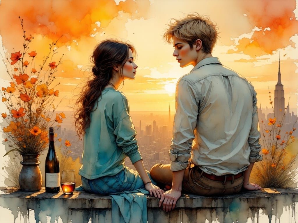 Romantic Sunset Rooftop Couple in Colored Ink Style