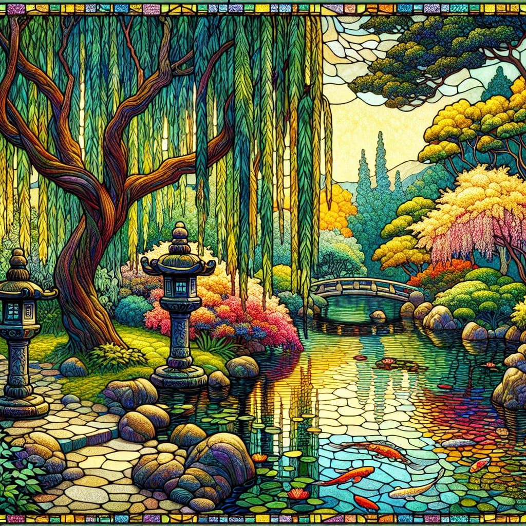 Japanese Garden in Stained Glass Art Nouveau Style