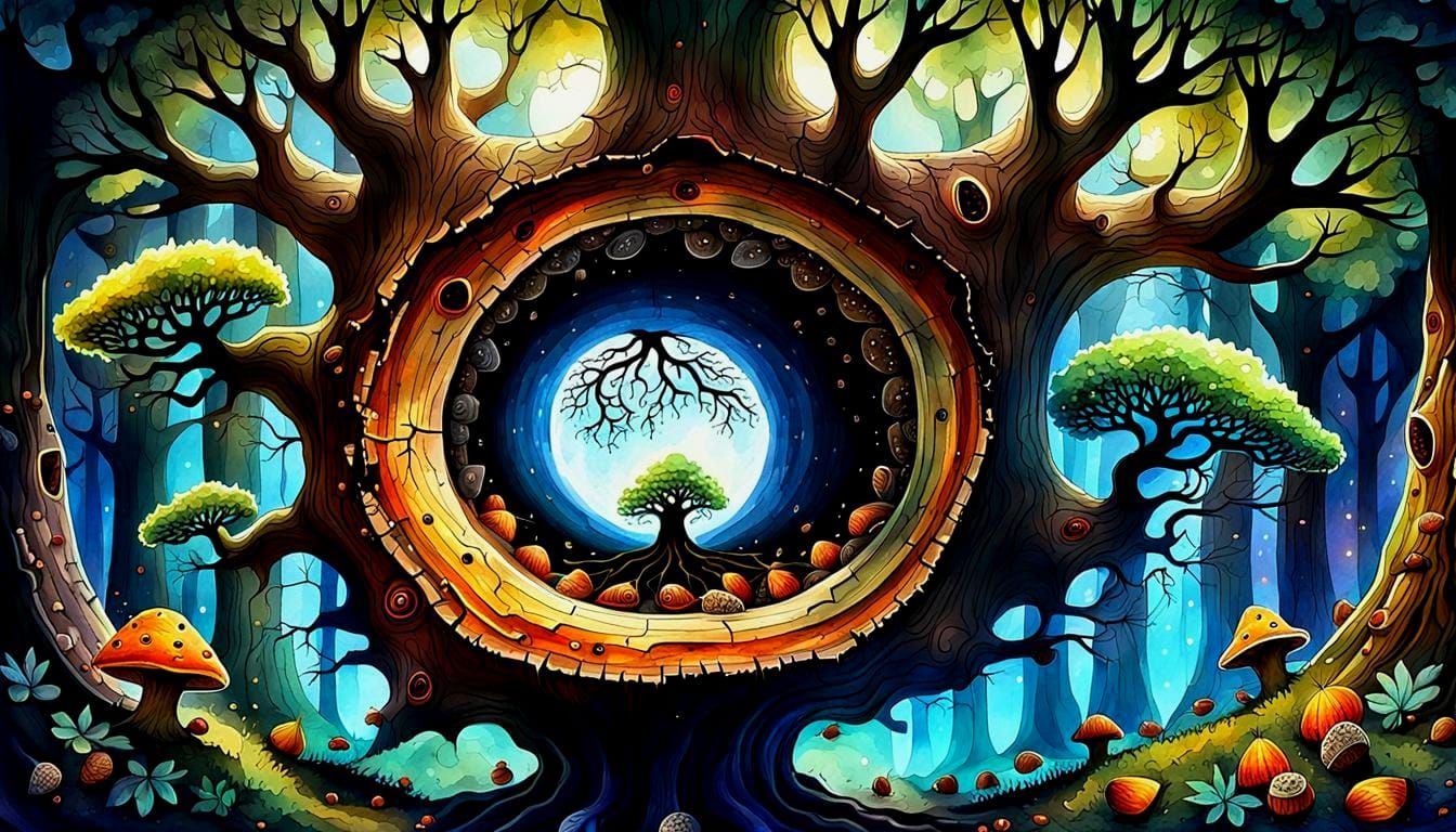 Transparent Tree Floating in Hollow Trunk: Watercolor Art