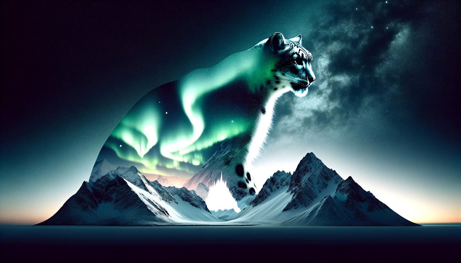 Snow Leopard Silhouette Under Northern Lights in Surreal Lan...
