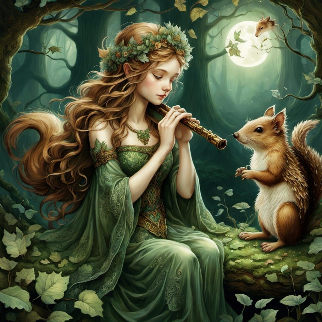 Forest Queen with Leaf Tiara Plays Flute in Ethereal Setting