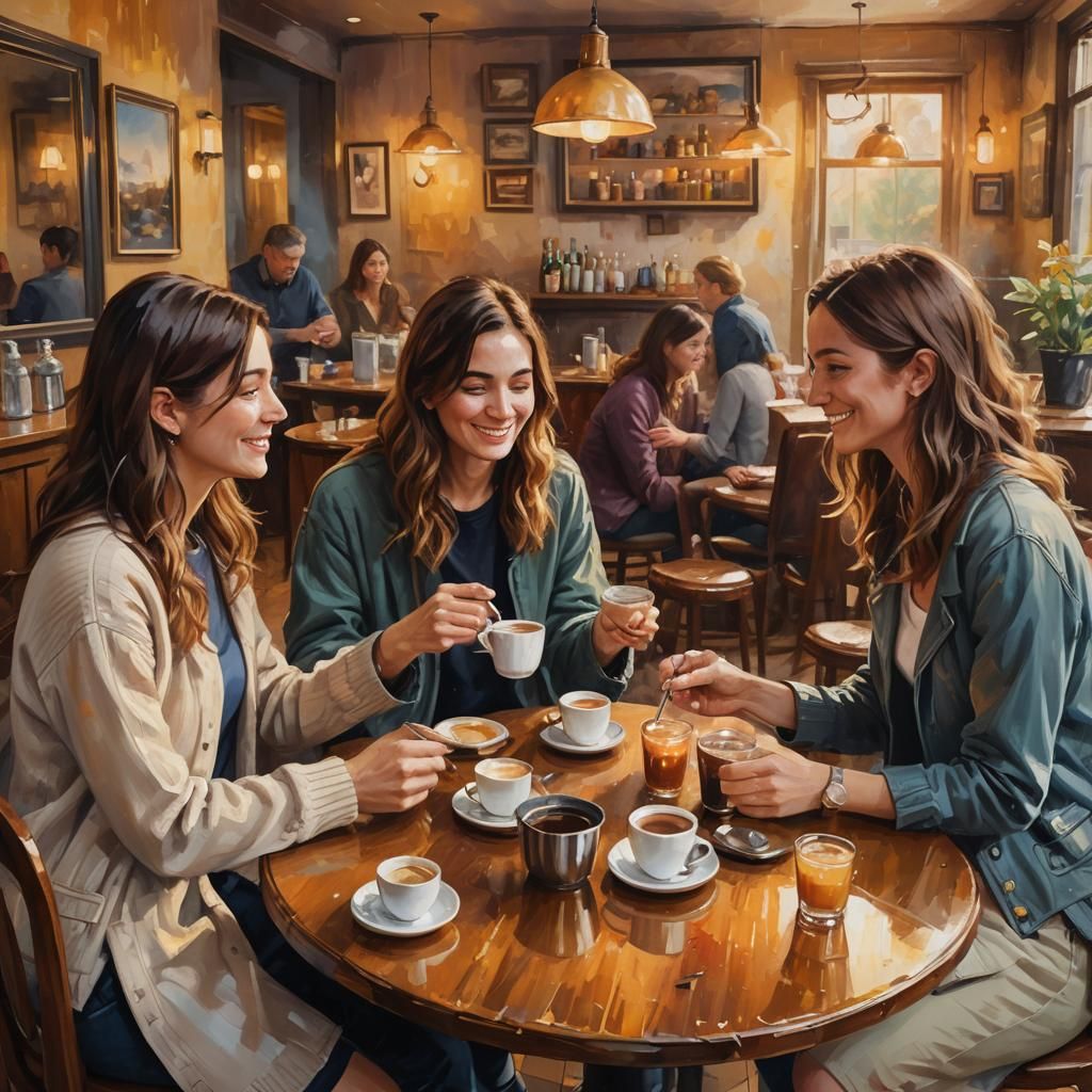 Friends Share Coffee in a Cozy Cafe Oil Painting