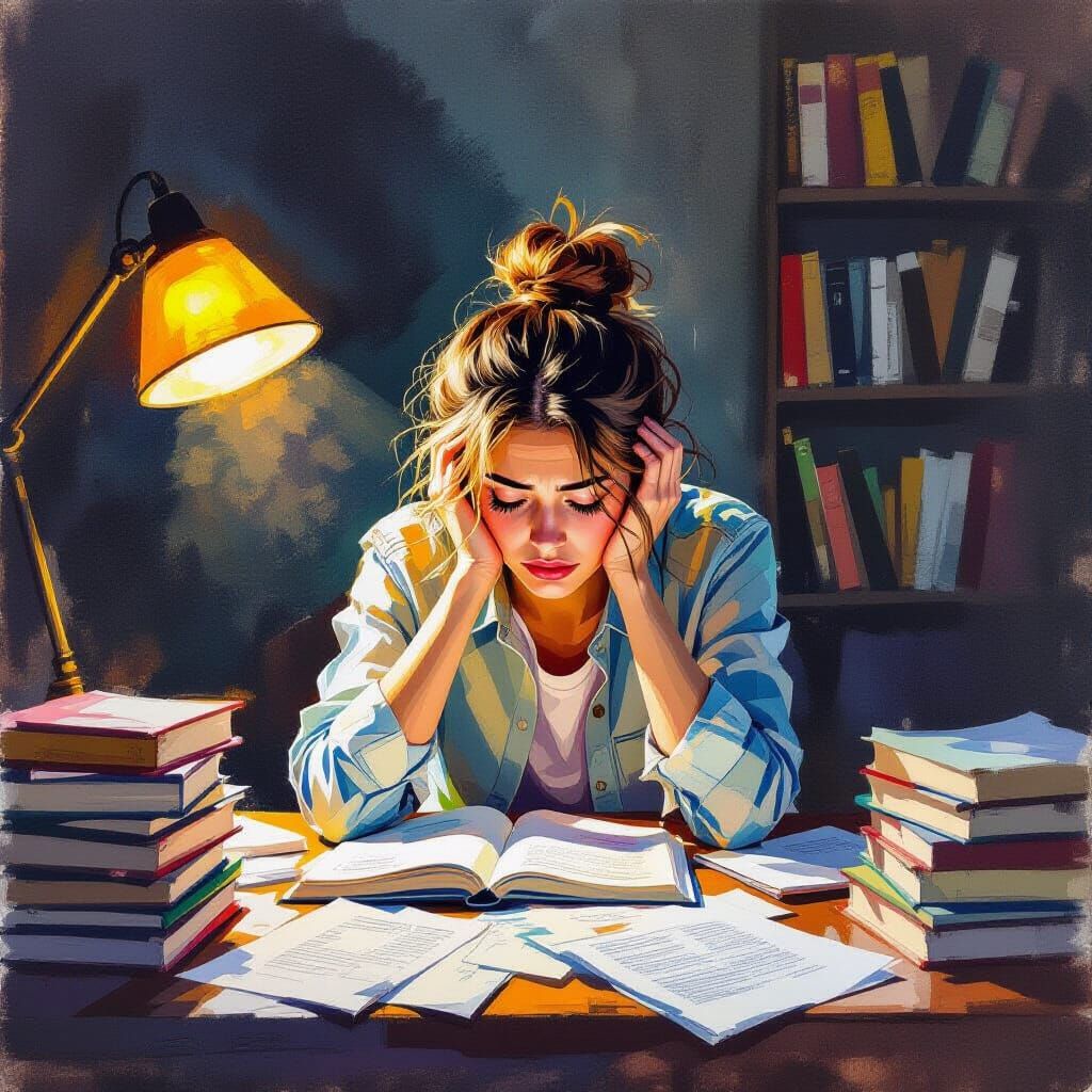 Stressed Student Studying Late: Gouache Watercolor