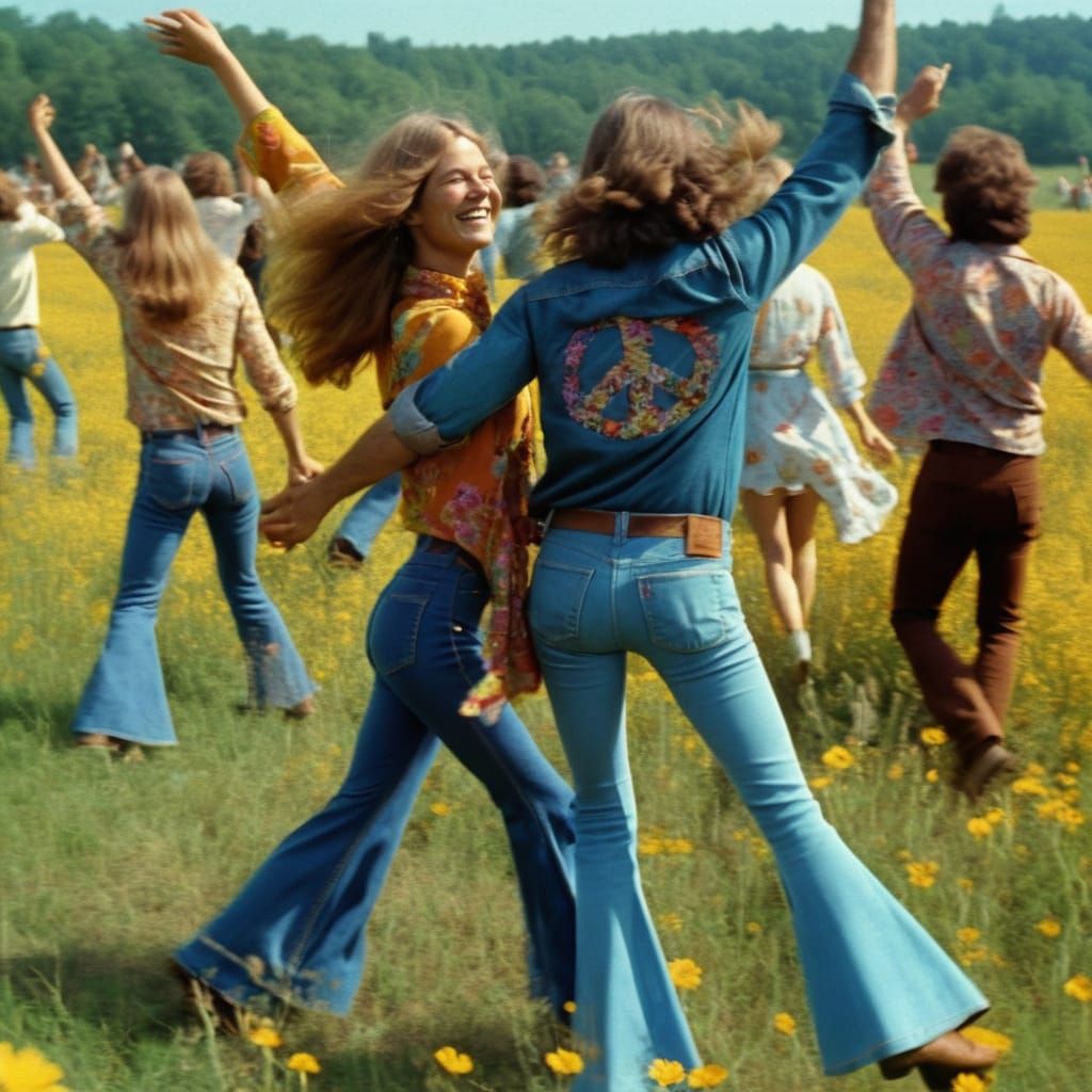 Psychedelic Hippies Dancing in a Vibrant Field