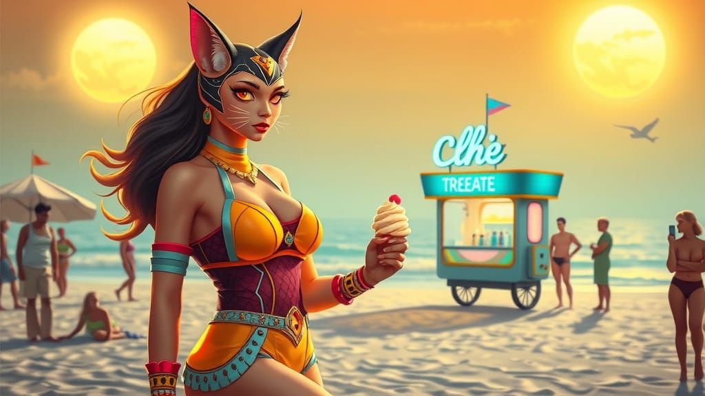 Futuristic Cat-Woman on Radiant Sci-Fi Beach