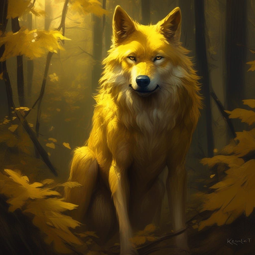 Golden Wolf Portrait in Fantasy Forest Art