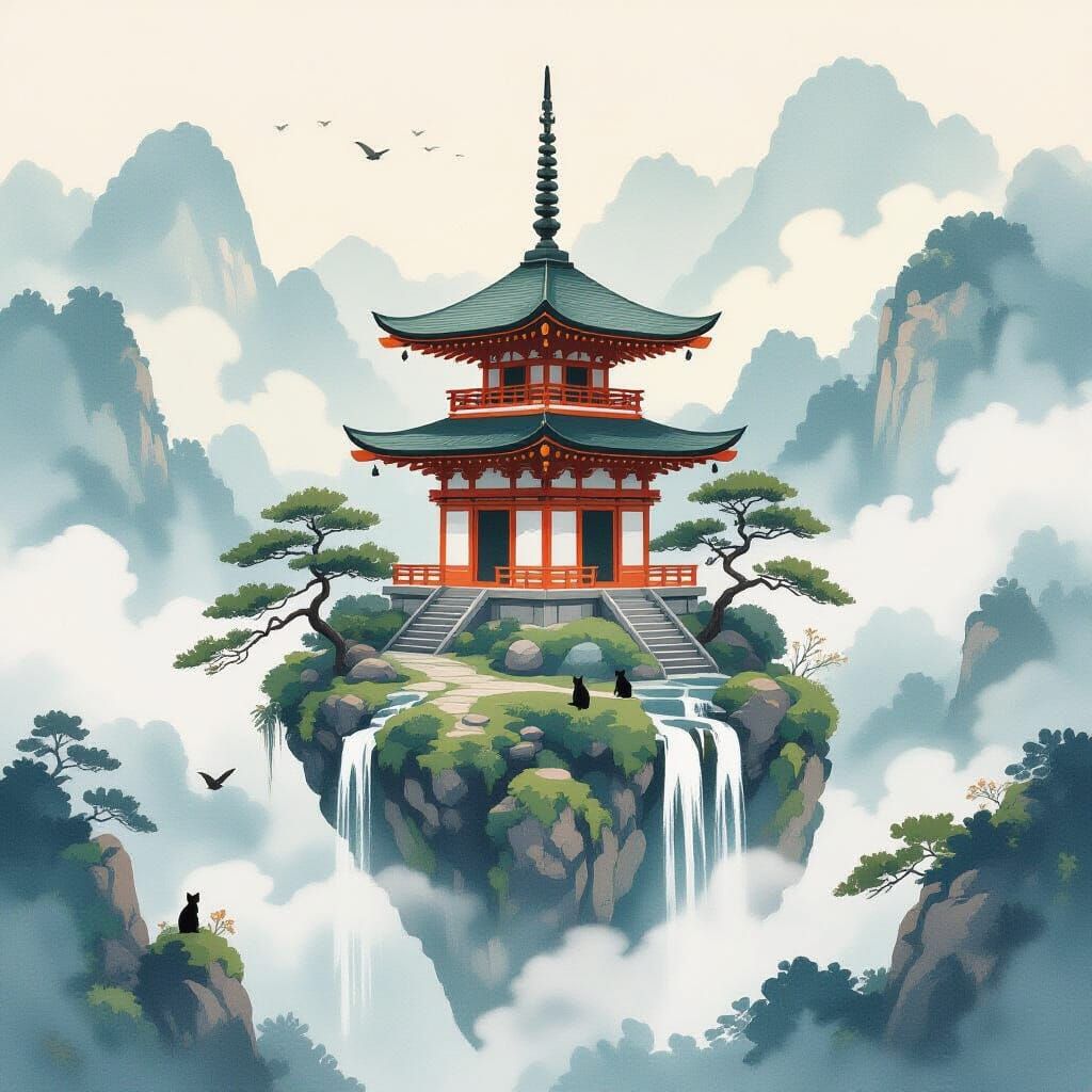 Japanese Pagoda on Floating Island in Mist