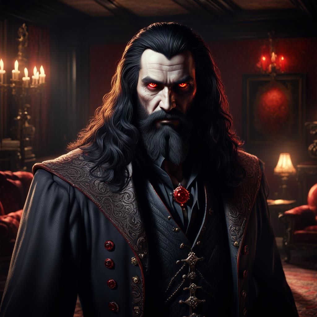 Vampire with Glowing Eyes in Living Room, Realistic Photo