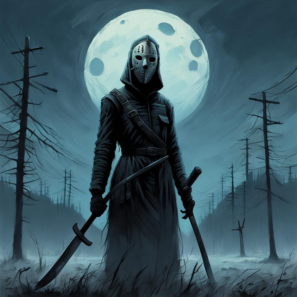 Imposing Woman with Hockey Mask in Dark Surrealism