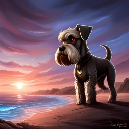 Schnauzer Finds Toy Cthulhu at Sunset: 3D Digital Art