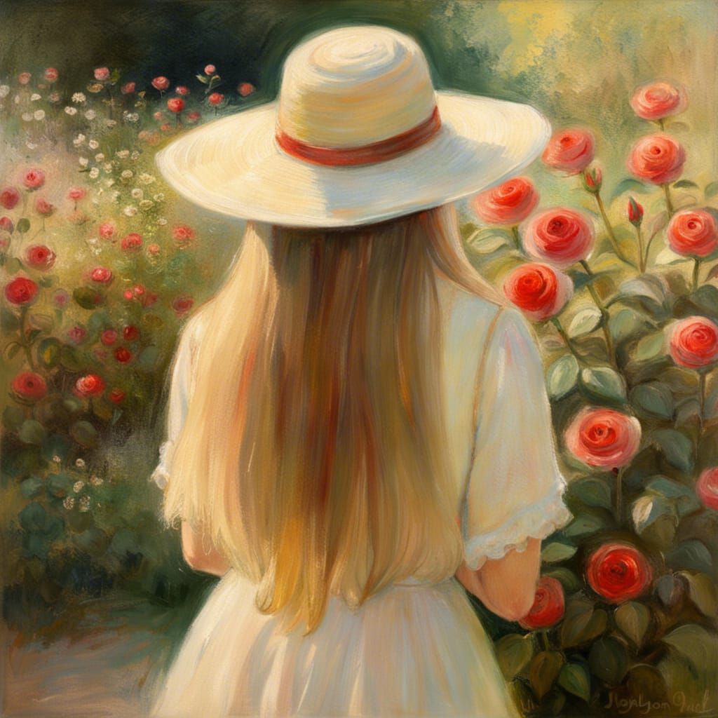 Girl in Rose Garden: Soft Impressionism